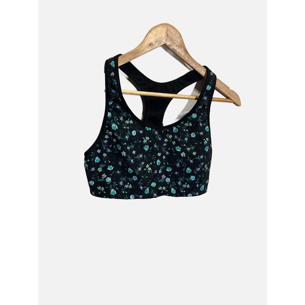 Old Navy Sports Bra Womens Large Black Floral Go-Dry Racerback Activewear Gym